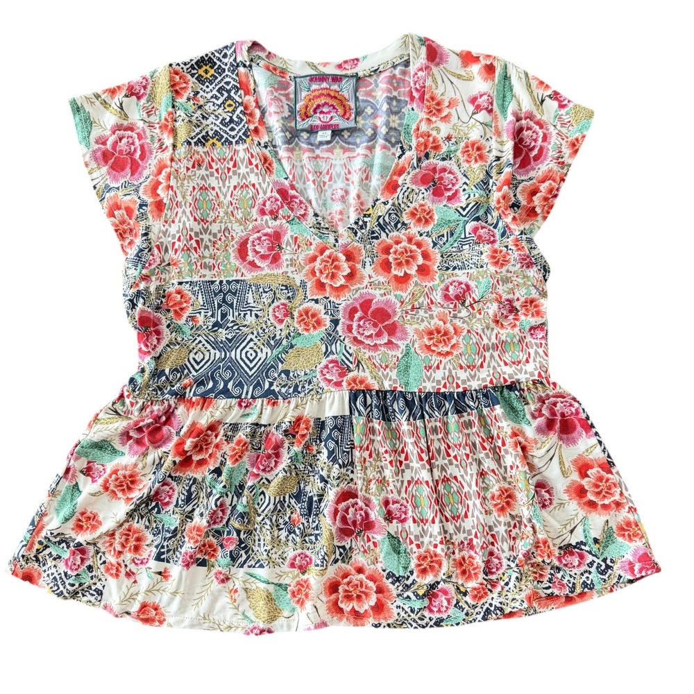 Johnny Was Aztec Floral Peplum Top XS Colorful Boho Maximalist Dopamine Dressing